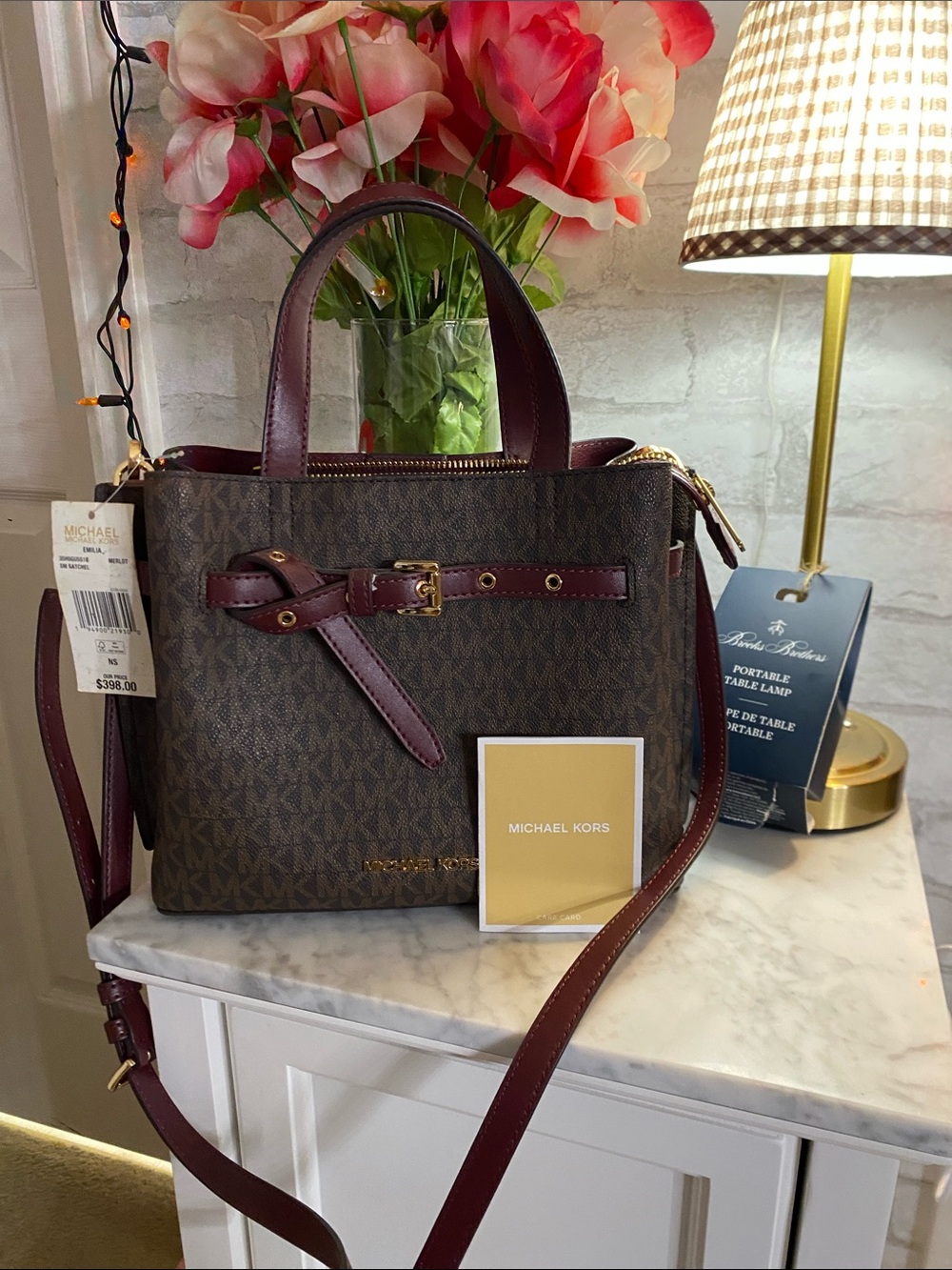Michael Kors Emilia Brown Logo Satchel with Burgundy Trim